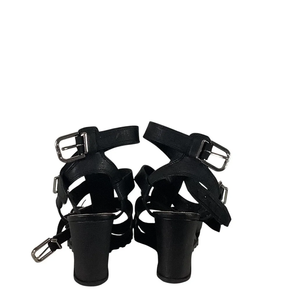 Via Spiga Black Strappy Buckle Wedge Sandals Lug Sole Gladiator Heels Size 6.5